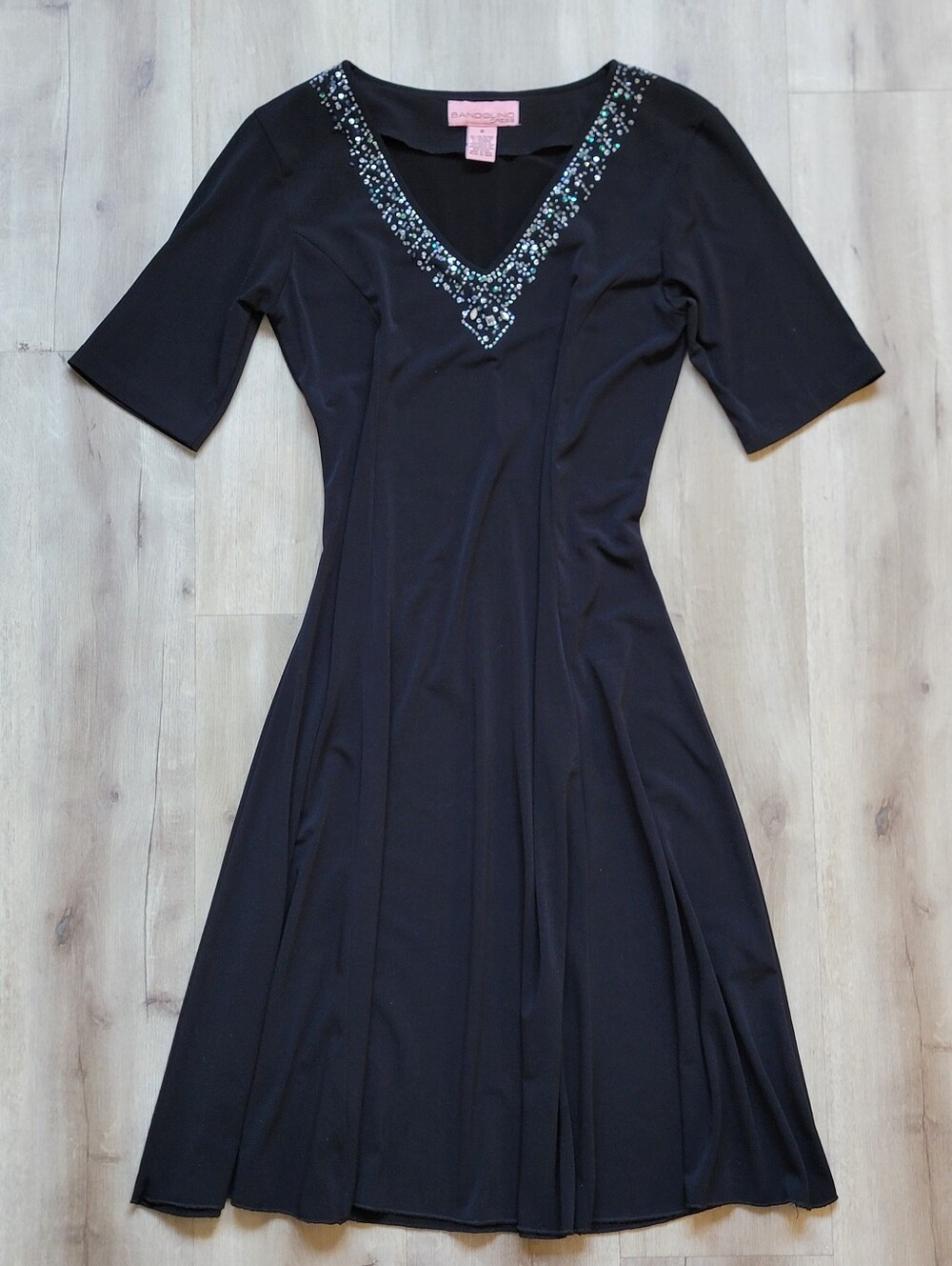 Bandolino Black V-Neck Dress with Rhinestone Embellishment
